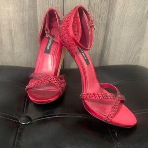 White House Black Market Dark Red Satin & Crystal Open Toe Strappy Shoes 6.5